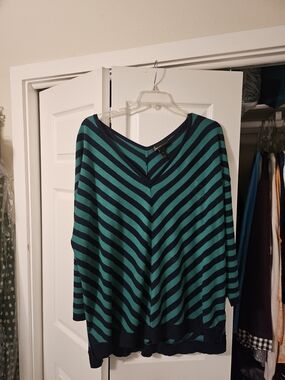 Lane Bryant Teal & Navy Striped V-Neck Top